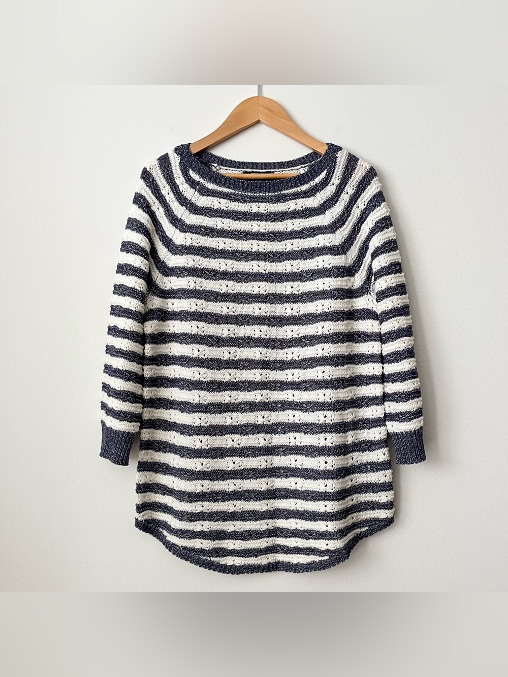 NWOT Chaps Women's Open Knit Crochet Striped Sweater Size M 3/4 Sleeve Nautical